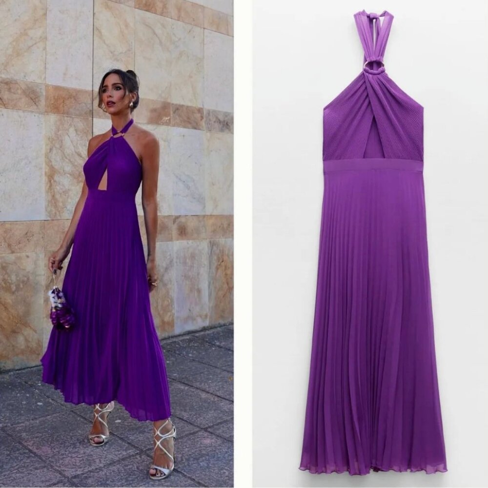 ZARA WOMAN CUT OUT PLEATED Halter MIDI DRESS PURPLE | 3564/179 S M XL NWT